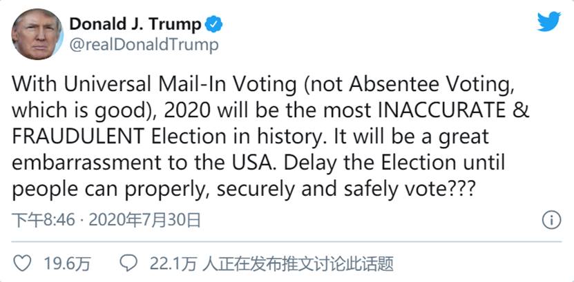 震撼美国政坛！特朗普要求推迟2020大选 眼下这一风险迫在眉睫、金价刚刚急涨升穿1960(图1)